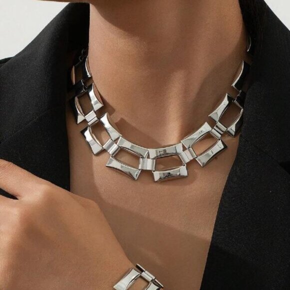 Sterling Silver 925 Geometric Square Link Necklace & Bracelet Set - Picture 3 of 5